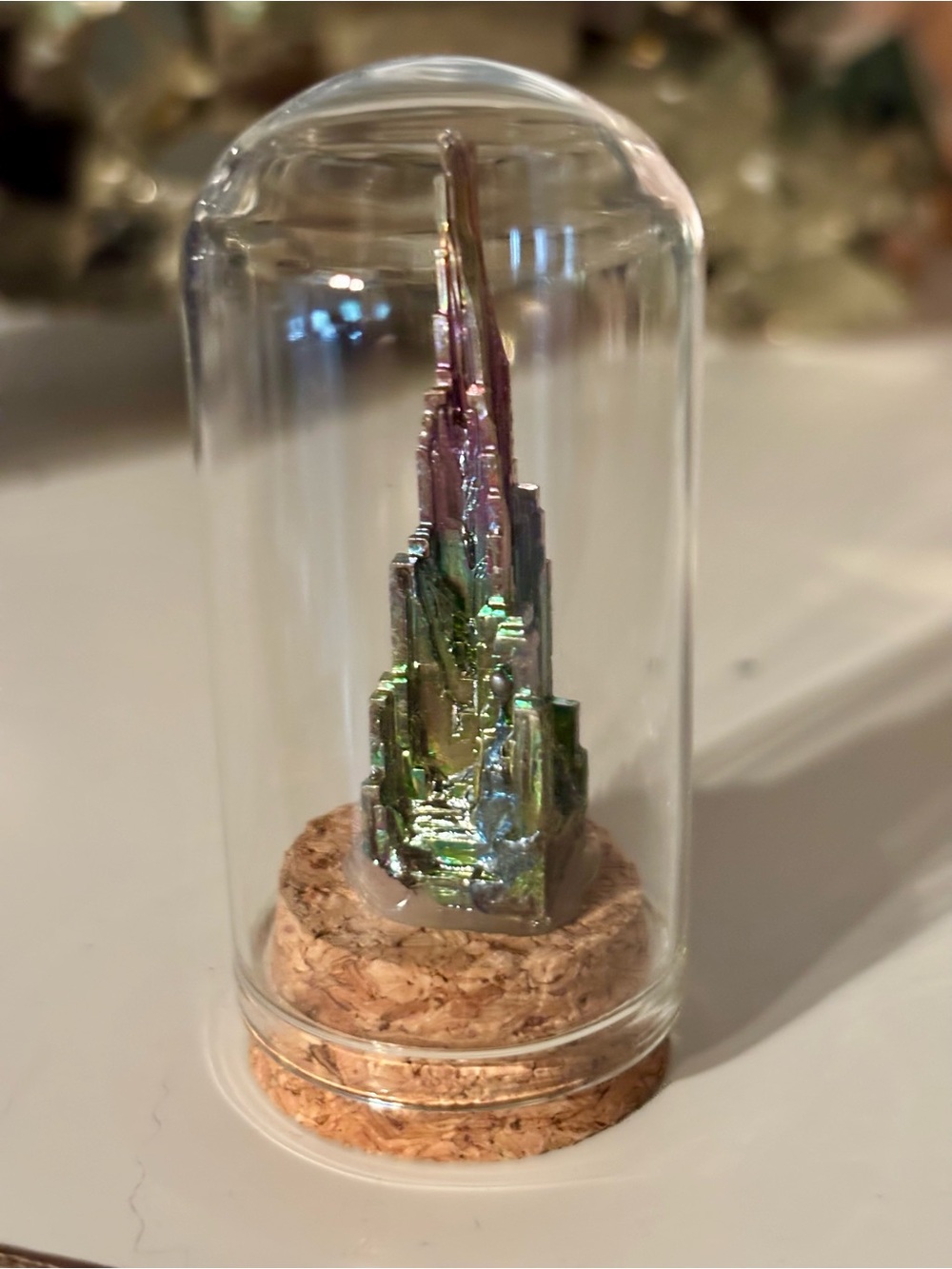 Rainbow Aura Bismuth Crystal Specimen in Glass Dome Display